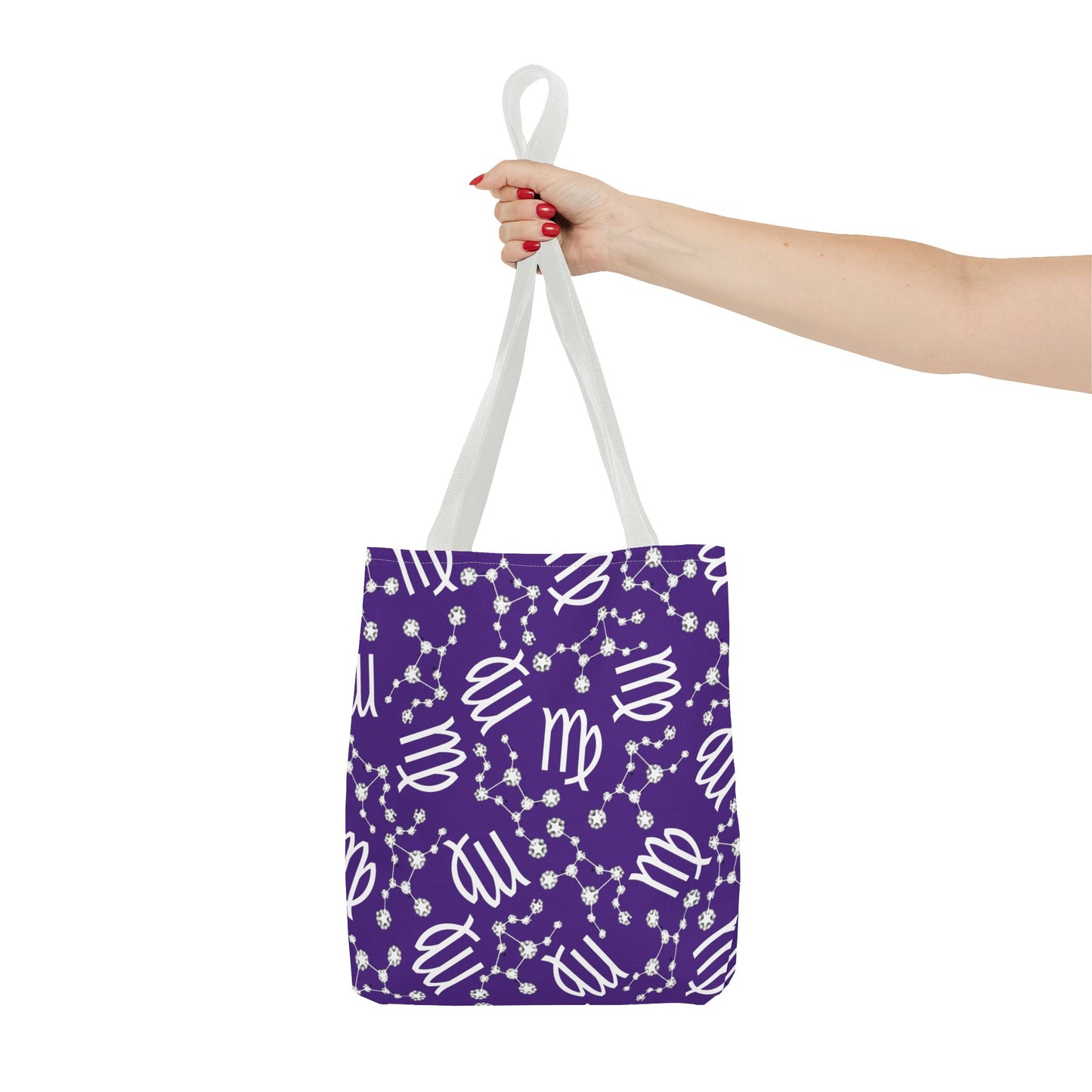 Tote Bag, Virgo Zodiac Sign, AOP, (Purple, White)