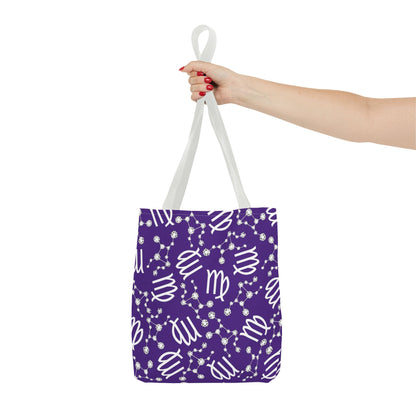 Tote Bag, Virgo Zodiac Sign, AOP, (Purple, White)