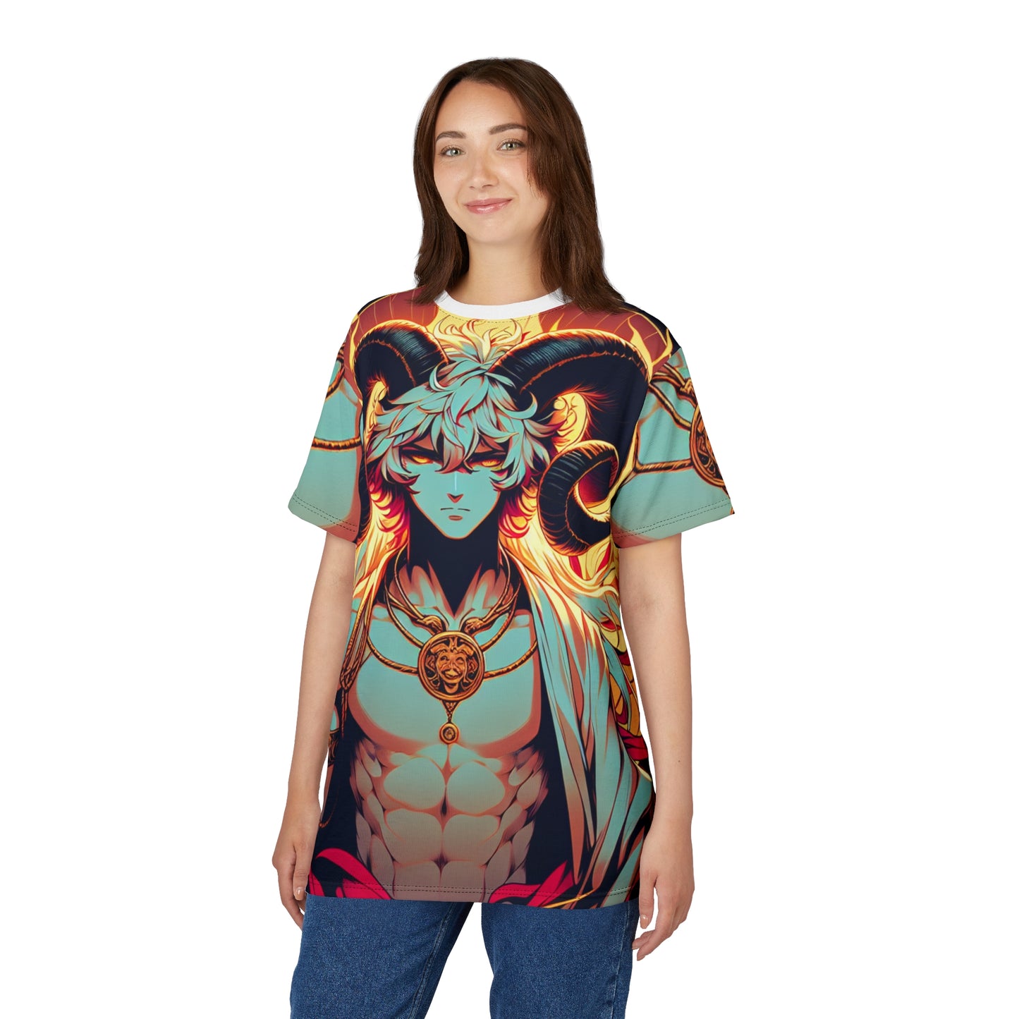 Unisex Cut & Sew T-Shirt (AOP), Anime Character, Aries Zodiac Design, Regular fit, 100% Polyester