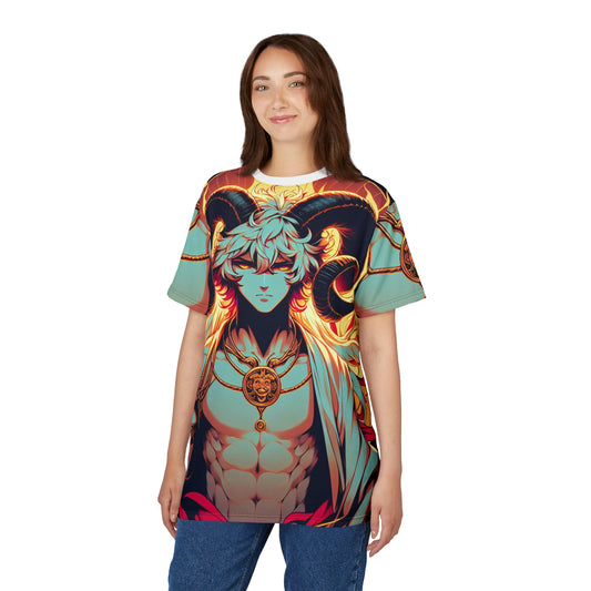 Unisex Cut & Sew T-Shirt (AOP), Anime Character, Aries Zodiac Design, Regular fit, 100% Polyester