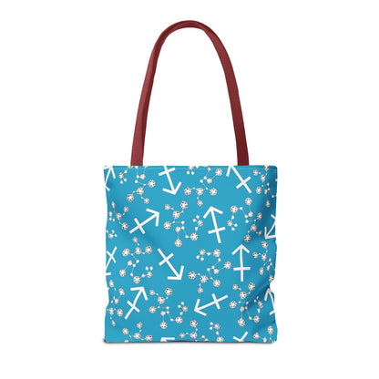 Tote Bag, Sagittarius Zodiac Sign, AOP, (Turquoise, White Print)