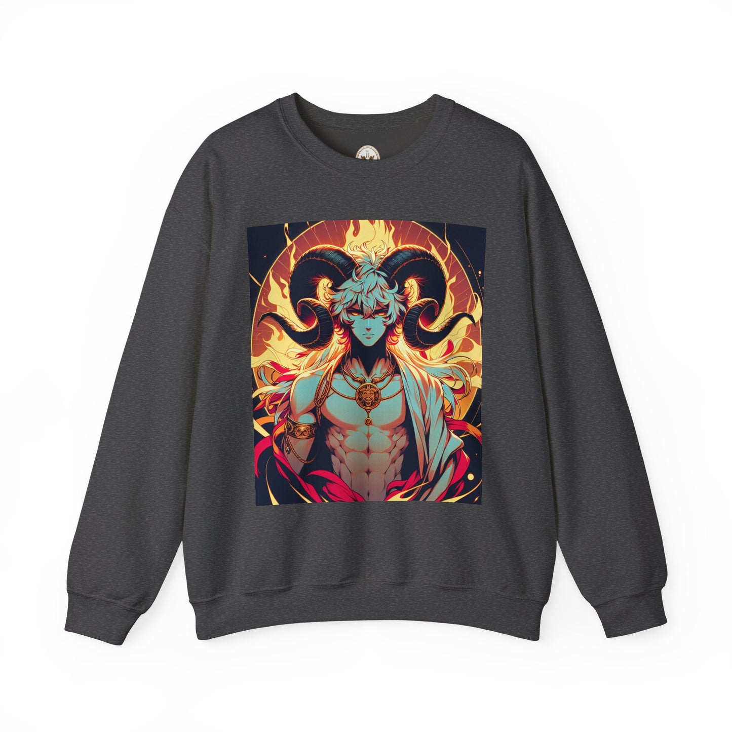 Unisex Heavy Blend™ Crewneck Sweatshirt, Anime Fire Aries, Zodiac Design