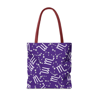 Tote Bag, Scorpio Zodiac Sign, AOP, (Purple, White)