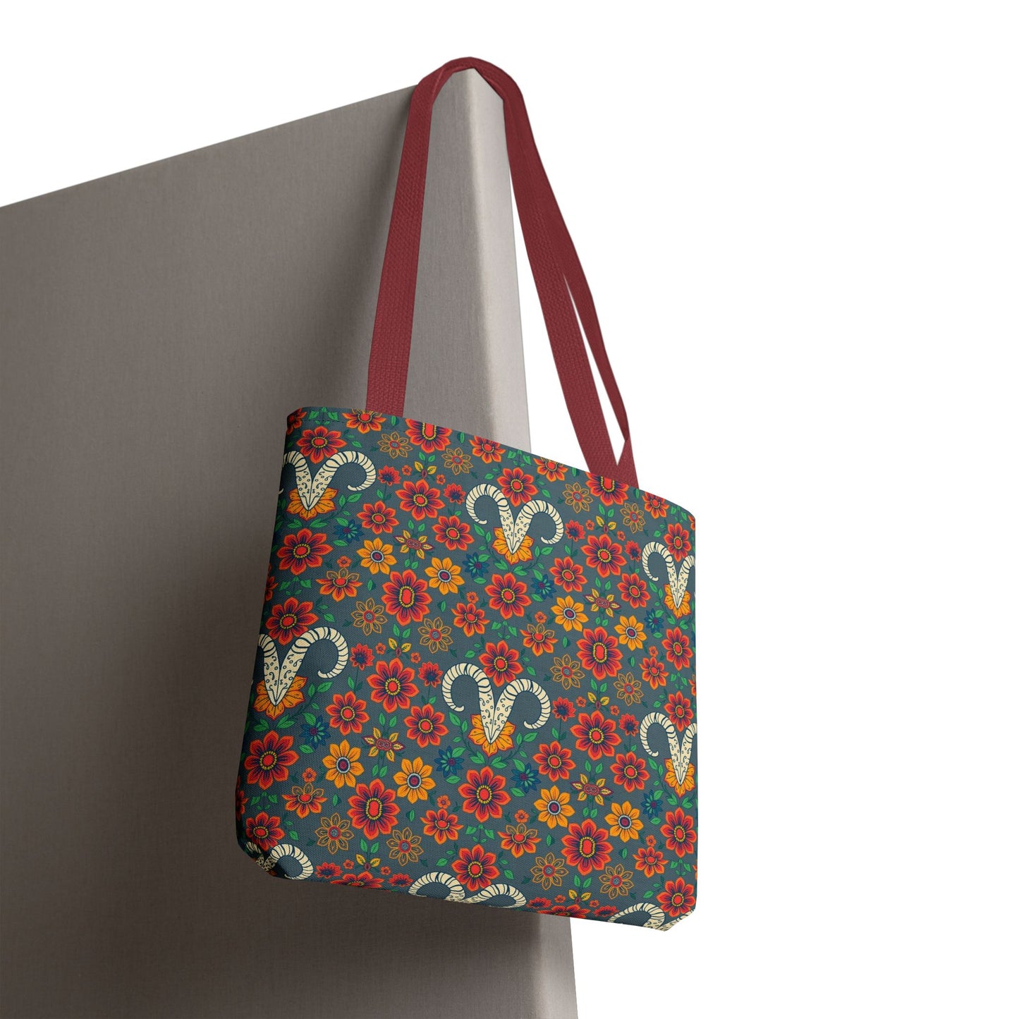 Tote Bag, (AOP), Aries, Zodiac v1, Flower Pattern