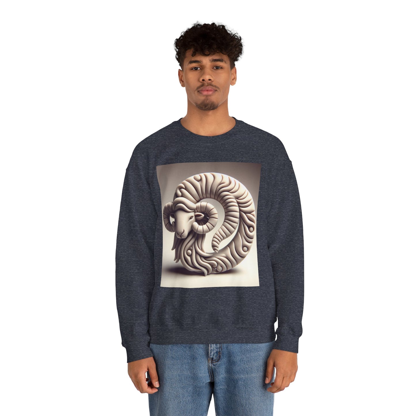 Unisex Heavy Blend™ Crewneck Sweatshirt, Round Statue, Aries Zodiac Design