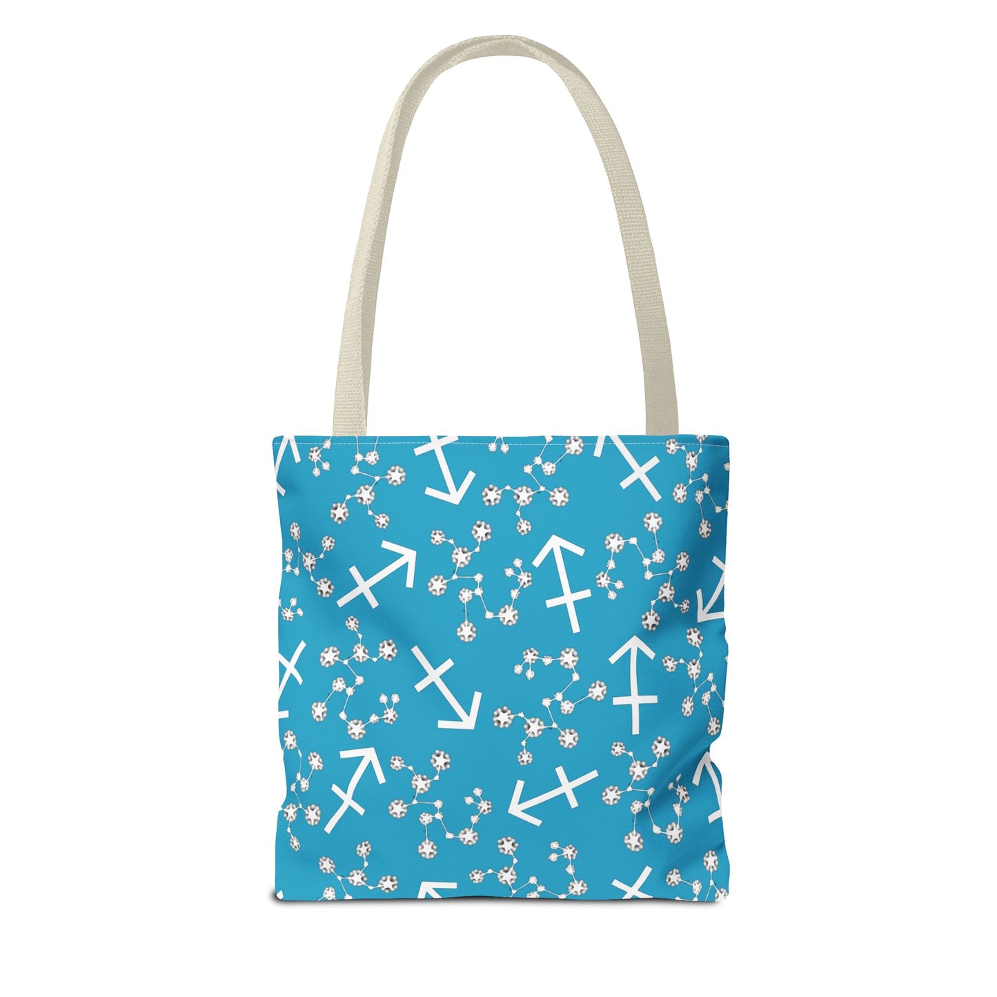 Tote Bag, Sagittarius Zodiac Sign, AOP, (Turquoise, White Print)