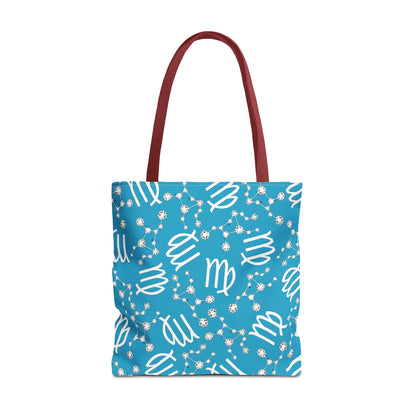 Tote Bag, Virgo Zodiac Sign, AOP, (Turquoise, White)