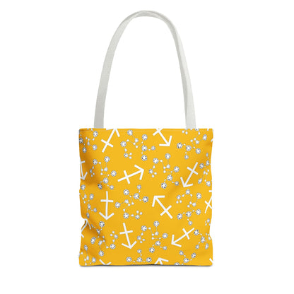 Tote Bag, Sagittarius Zodiac Sign, AOP, (Yellow, White Print)