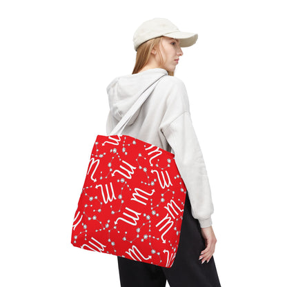 Tote Bag, Scorpio Zodiac Sign, AOP, (Red, White)