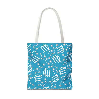 Tote Bag, Virgo Zodiac Sign, AOP, (Turquoise, White)