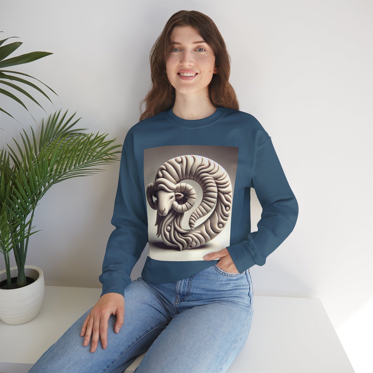 Unisex Heavy Blend™ Crewneck Sweatshirt, Round Statue, Aries Zodiac Design