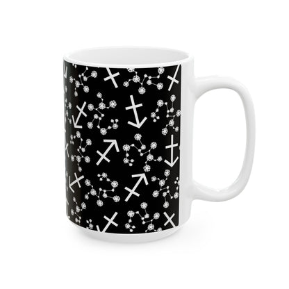 Ceramic Mug, (11oz, 15oz), Ceramic Coffee Mug, Black AOP, Sagittarius Zodiac Design